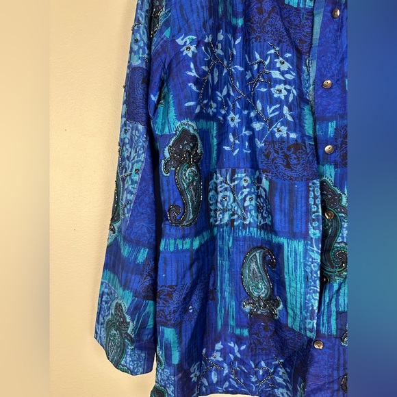 Vntg Chico's Design Silk Raw Blue Paisley Beaded Button Up Jacket Blouse Sz 1 - Picture 2 of 10
